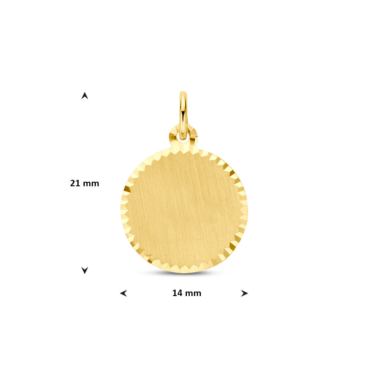 Afmetingen van de gouden ronde graveerhanger van 14 karaat: 21 mm hoog inclusief oog, 14 mm doorsnee.