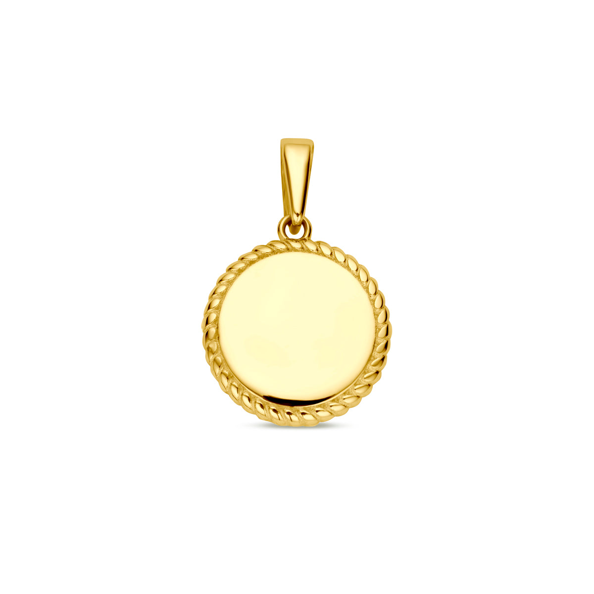 Vooraanzicht van de gouden ronde graveerhanger van 14 karaat.