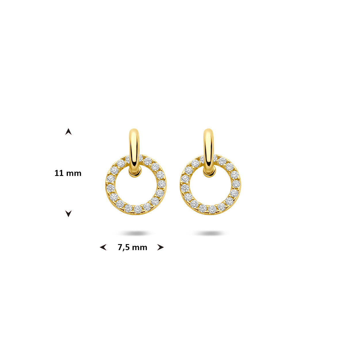 Afmetingen van de gouden ronde oorhangers met zirkonia van 14 karaat: 11 mm hoog, rondje 7,5 mm.