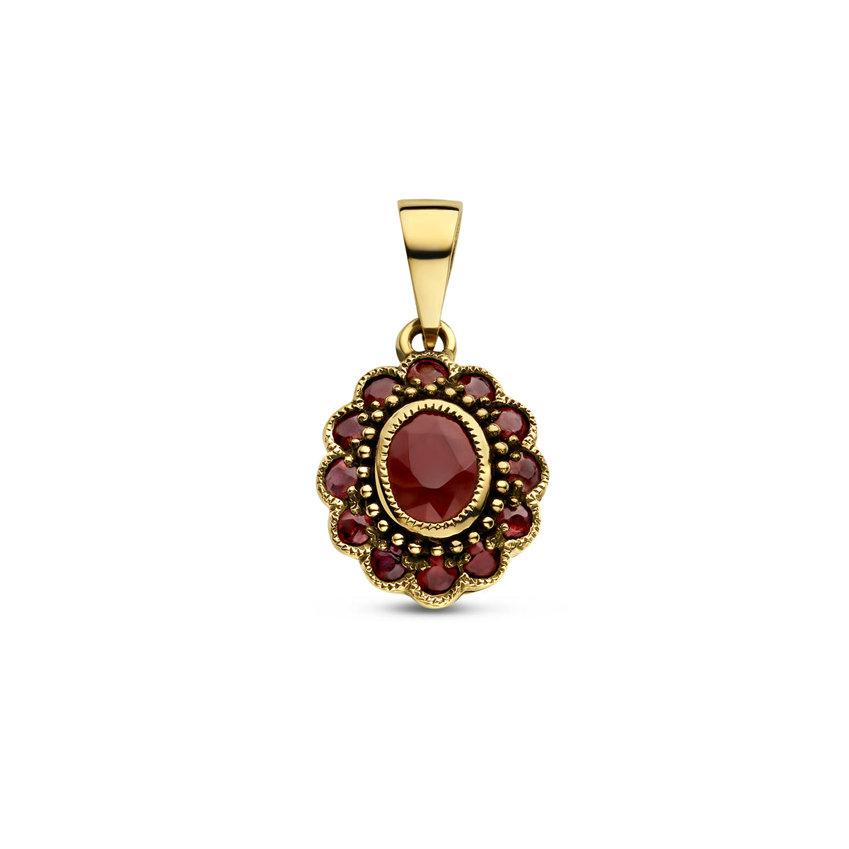 Vooraanzicht van de gouden hanger met robijn van 14 karaat.
