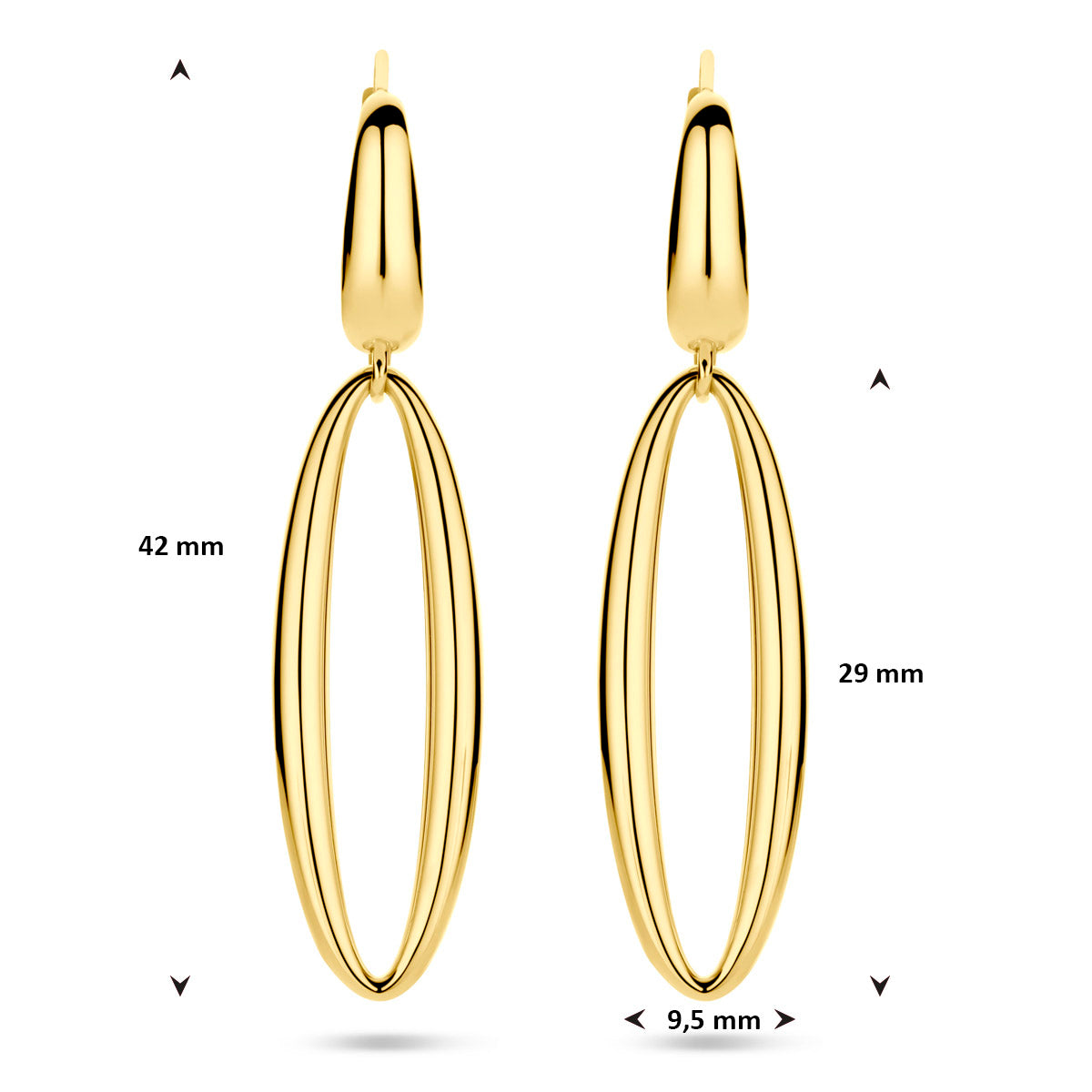 Afmetingen van de gouden schakel oorhangers van 14 karaat: 42 mm hoog en 9,5 mm breed.