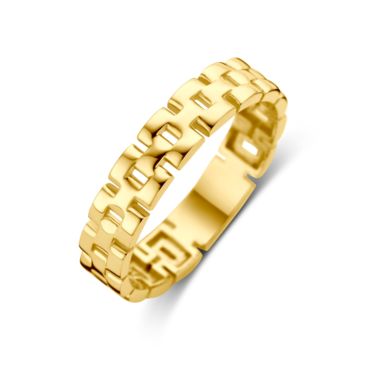 Schuin bovenaanzicht van de gouden schakelring van 14 karaat.