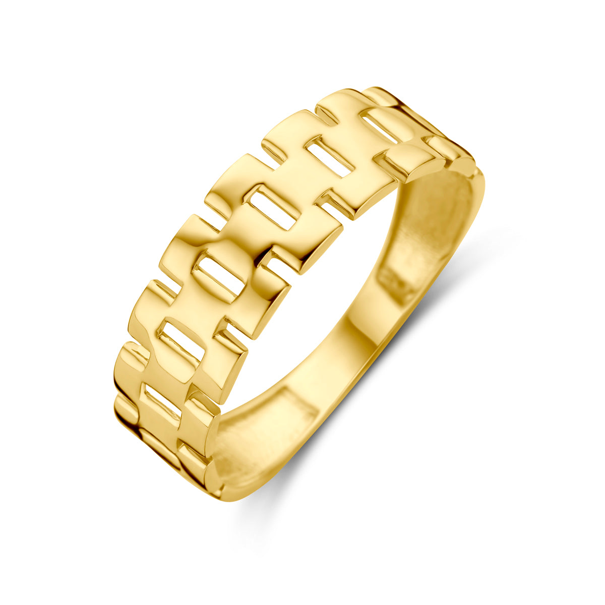 Schuin bovenaanzicht van de gouden schakel ring van 14 karaat.