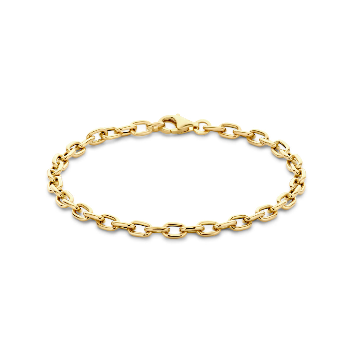 Vooraanzicht van de gouden schakelarmband van 14 karaat.