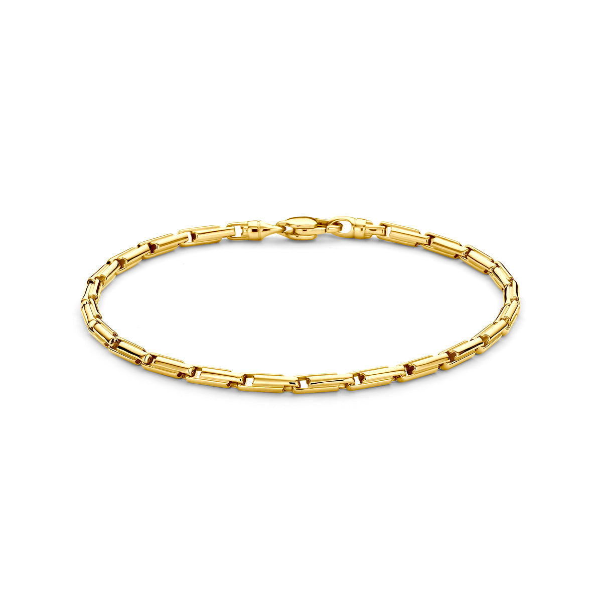 Vooraanzicht van de gouden schakelarmband voor heren van 14 karaat.