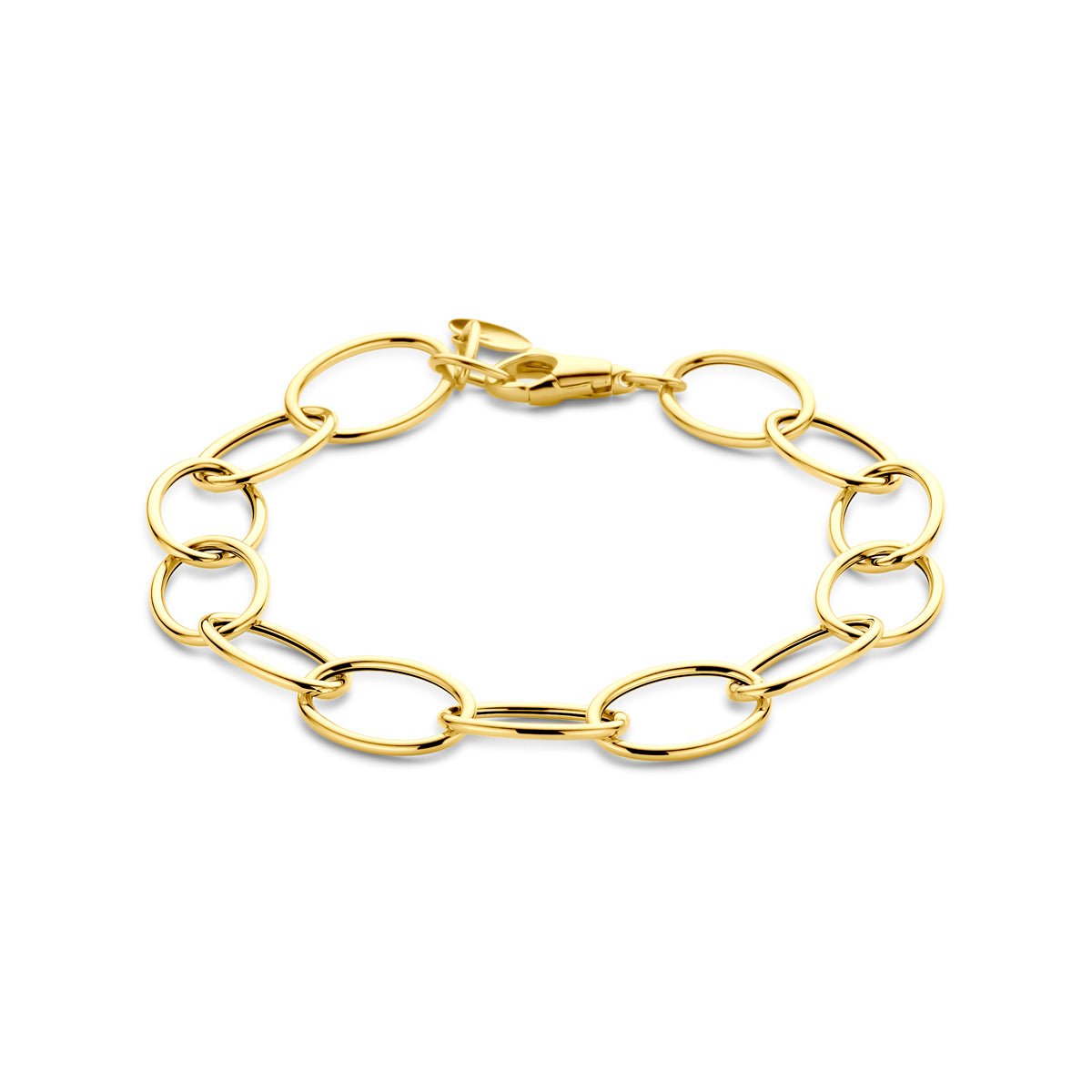 Vooraanzicht van de gouden schakelarmband van 14 karaat met ovale schakels.