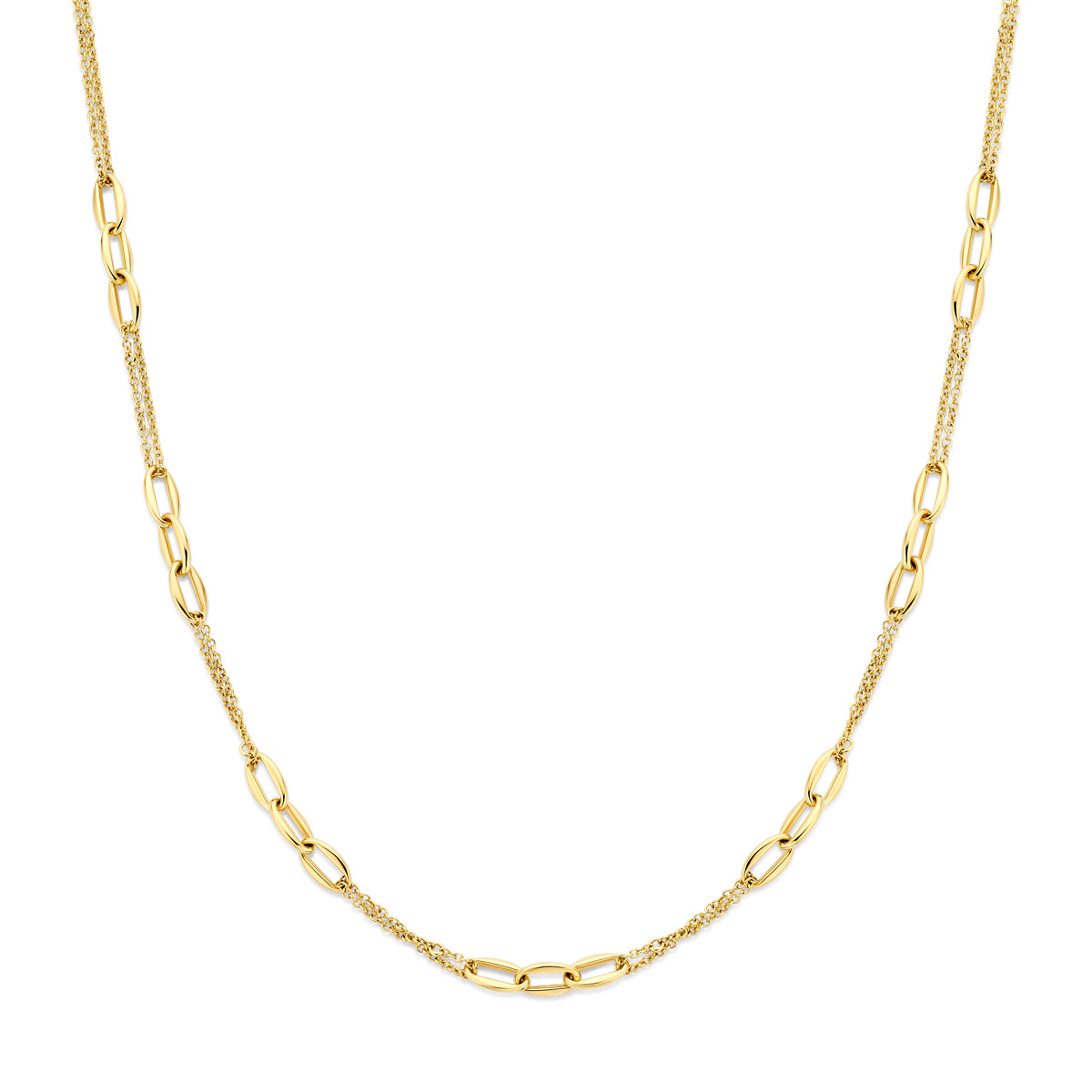 Vooraanzicht van de gouden schakelketting van 14 karaat.