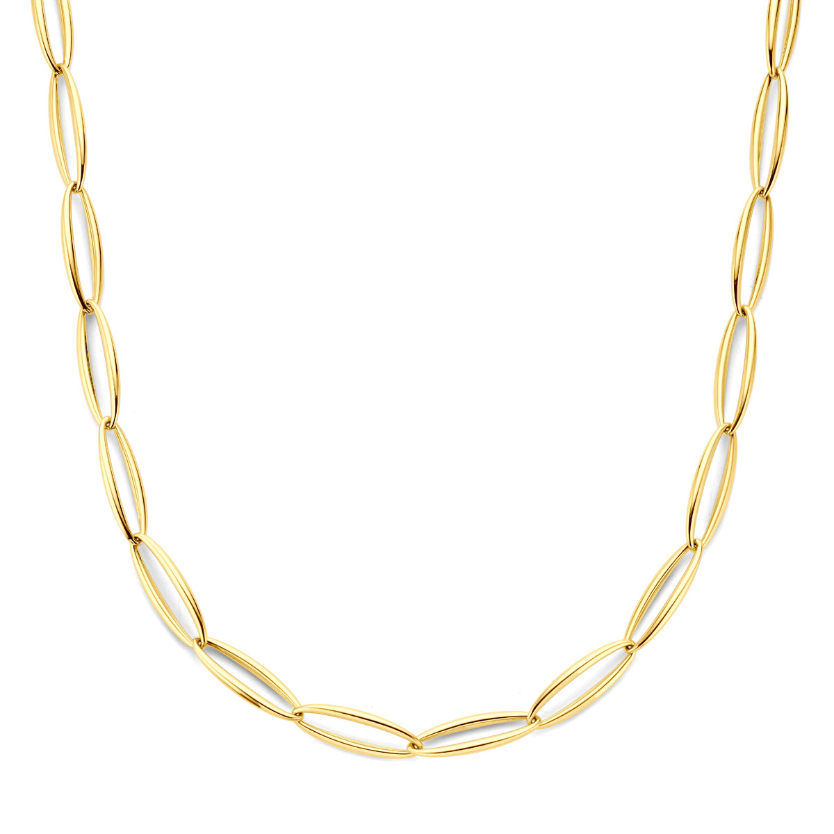 Vooraanzicht van de gouden schakelketting van 14 karaat.