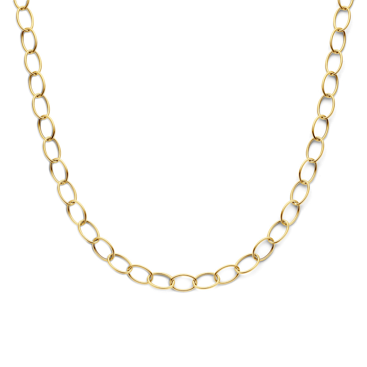 Vooraanzicht van de gouden schakelketting van 14 karaat met ovale schakels.