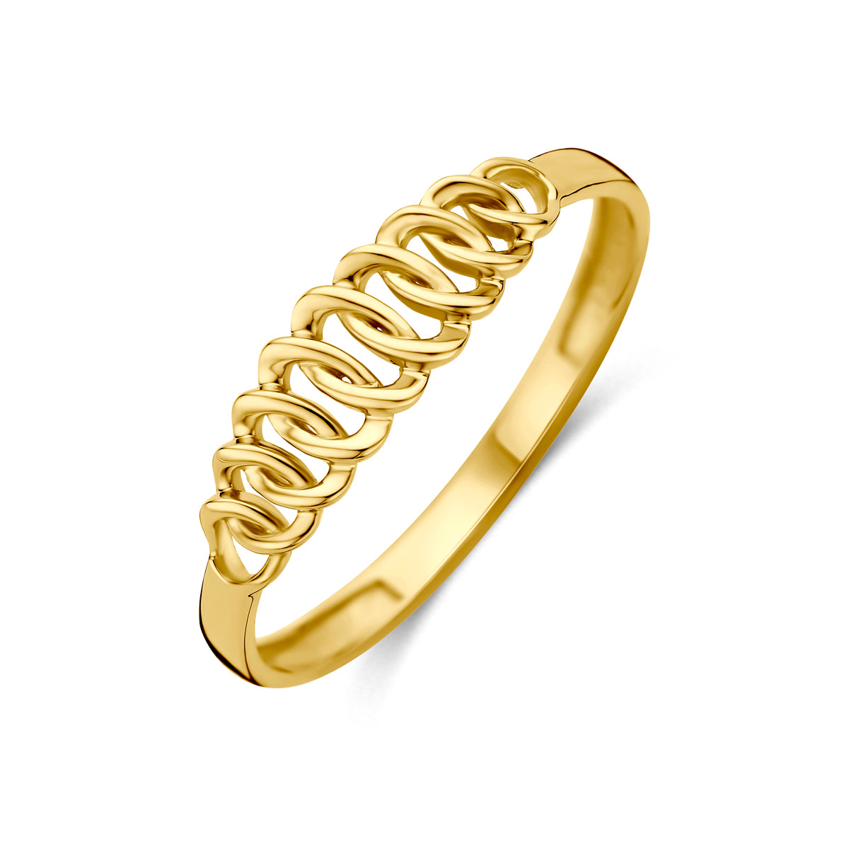 Schuin bovenaanzicht van de gouden schakelring van 14 karaat.