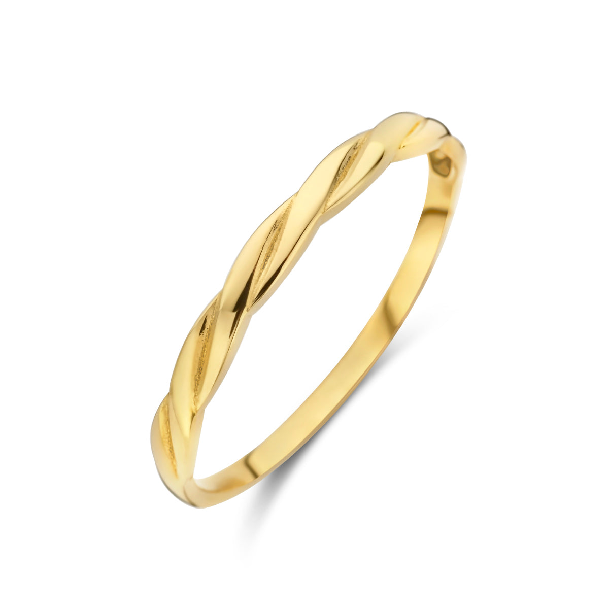 Schuin bovenaanzicht van de gouden gedraaide ring van 14 karaat.