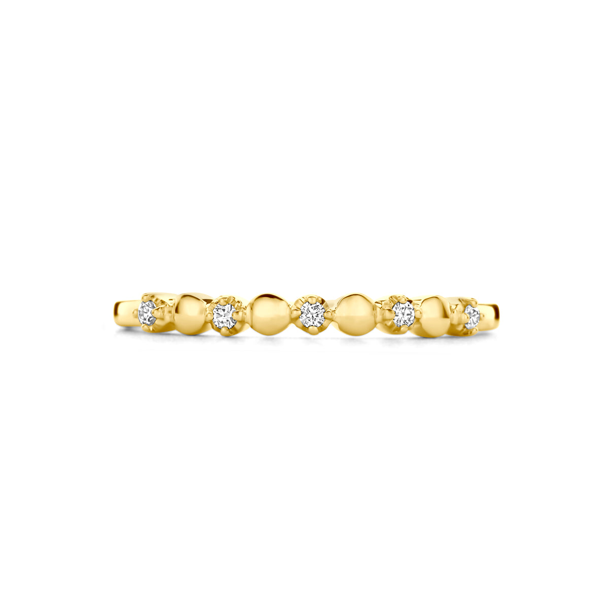 Bovenaanzicht van de gouden ring met diamant van 14 karaat.