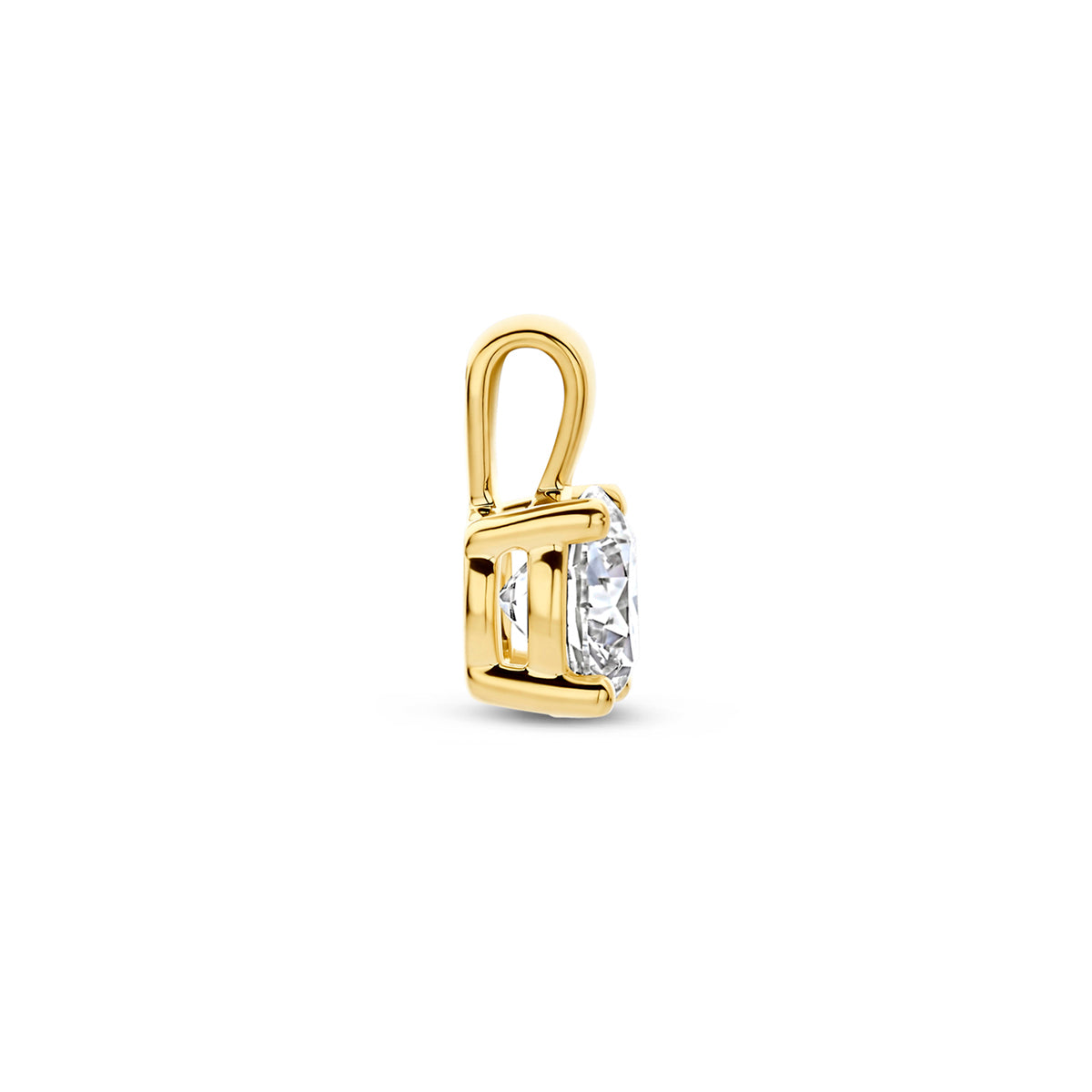 Zijaanzicht van de gouden hanger met lab grown diamant van 14 karaat, 0,25 ct.