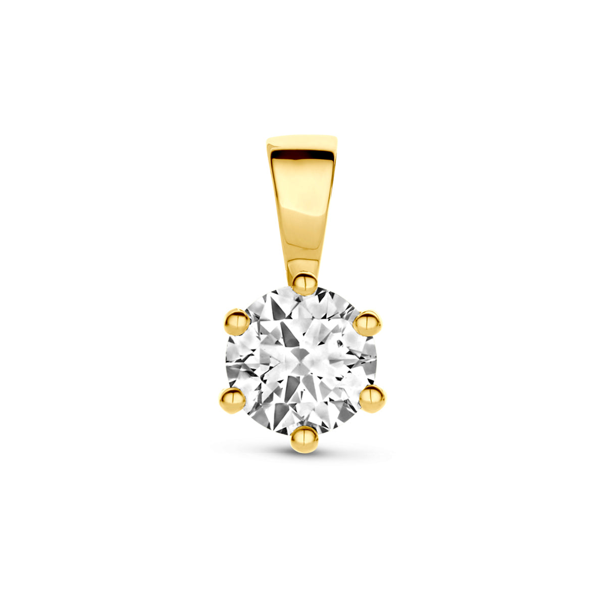 Vooraanzicht van de gouden solitair hanger met zirkonia van 14 karaat.