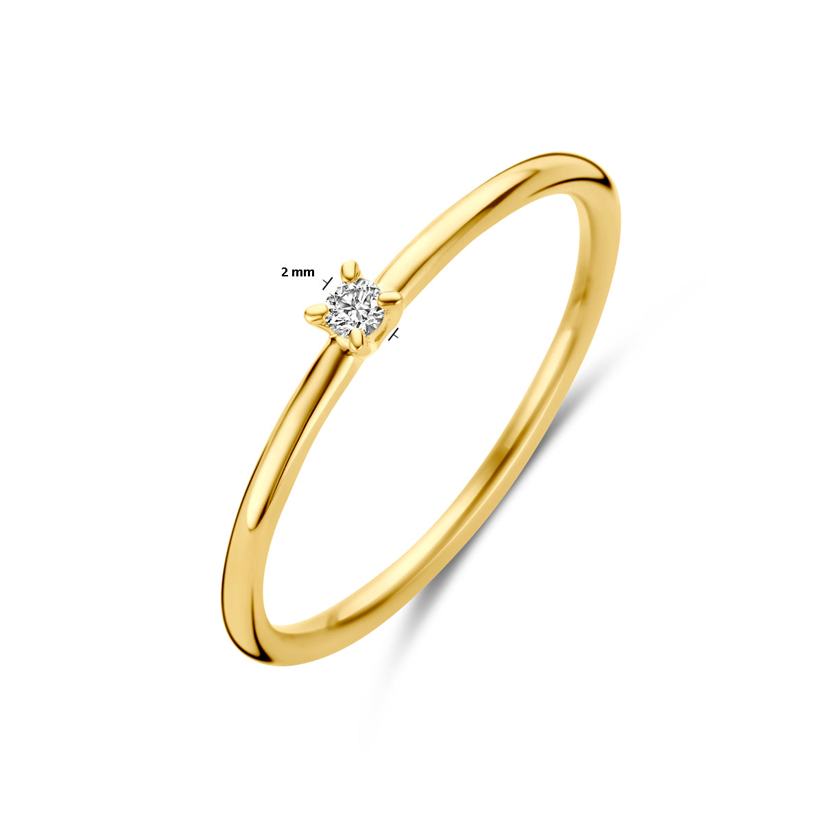 Afmetingen van de gouden solitair ring met diamant van 14 karaat: 2 mm breed, steen 2 mm, 0,03 ct.