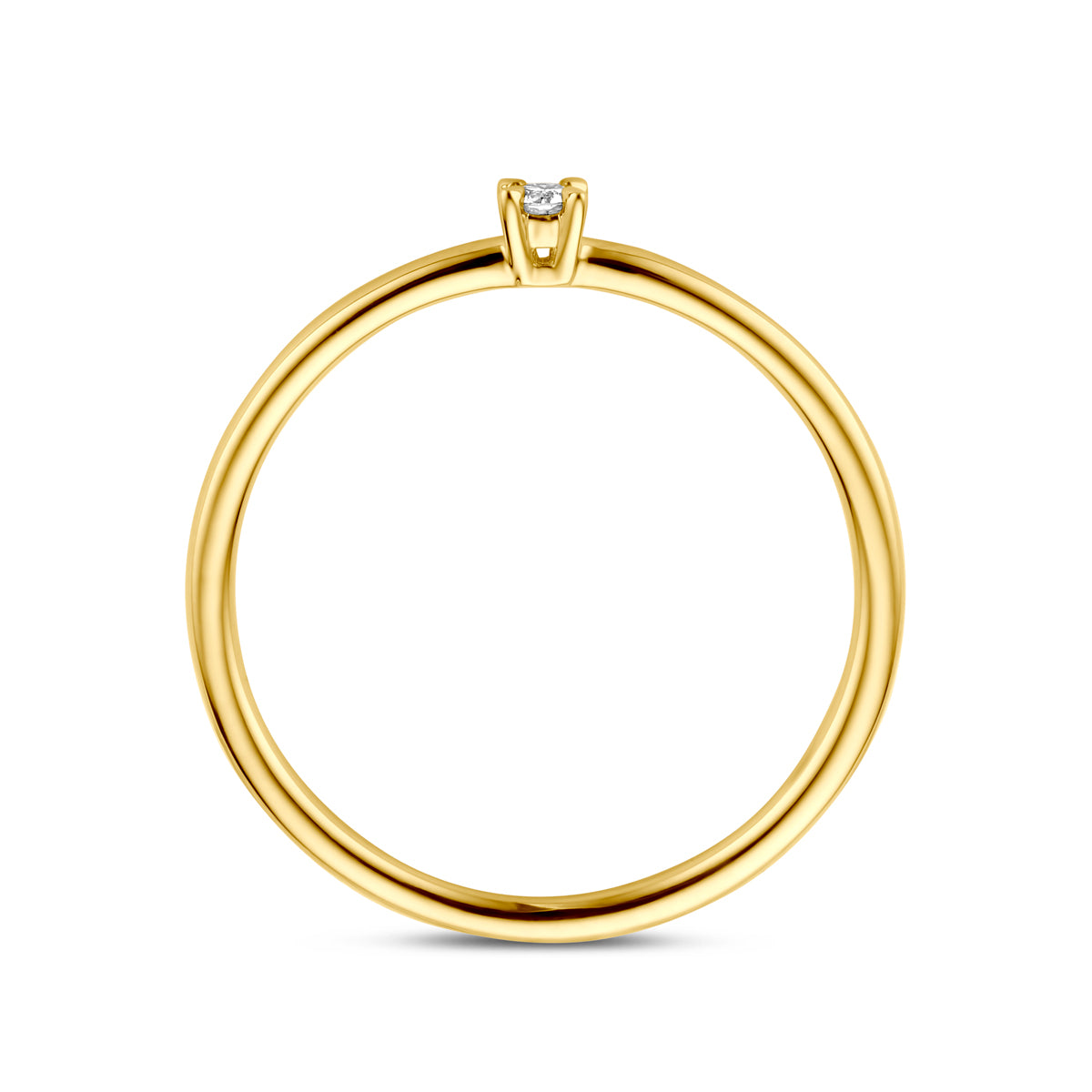 Zijaanzicht van de gouden solitair ring met diamant van 14 karaat, 0,03 ct.