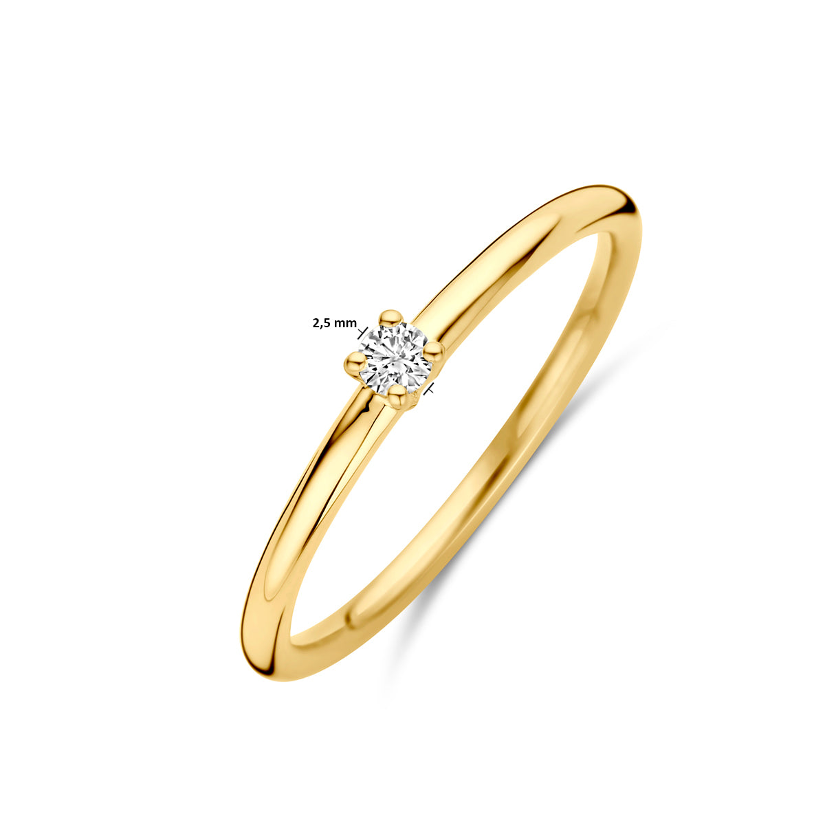 Afmetingen van de gouden solitair ring met diamant van 14 karaat: 2,5 mm breed, steen 2,5 mm, 0,05 ct.