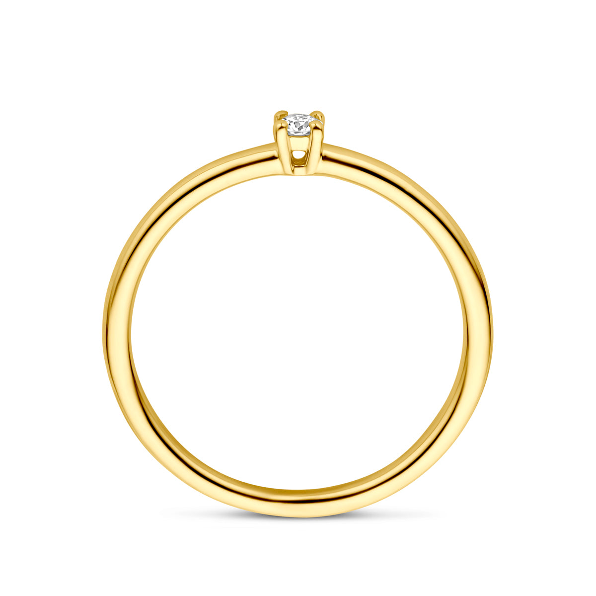 Zijaanzicht van de gouden solitair ring met diamant van 14 karaat, 0,05 ct.