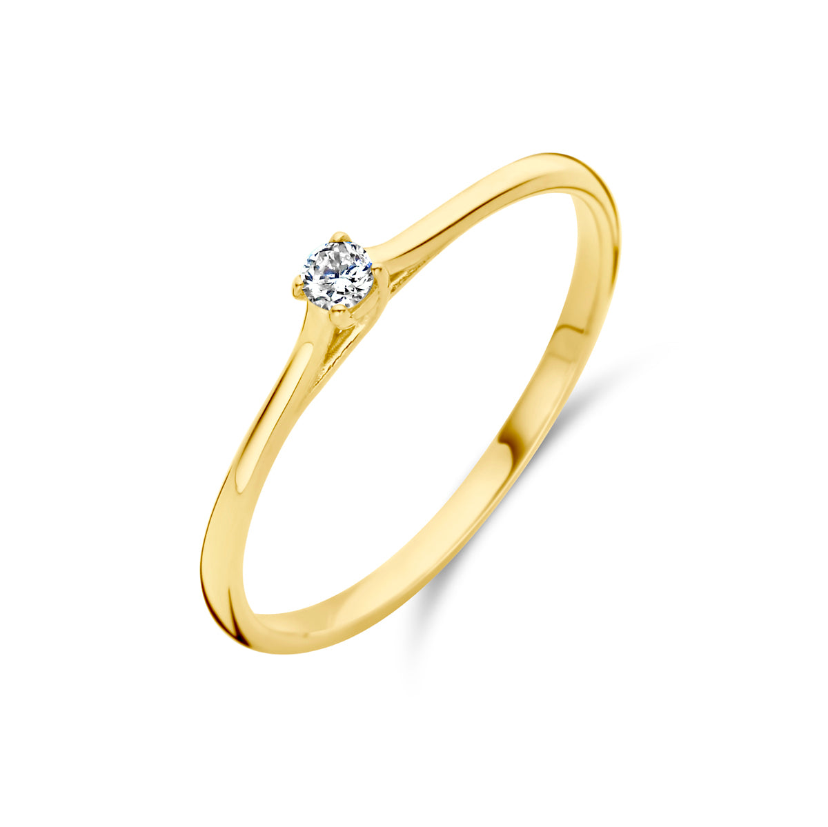 Schuin bovenaanzicht van de gouden solitair ring met diamant van 14 karaat.