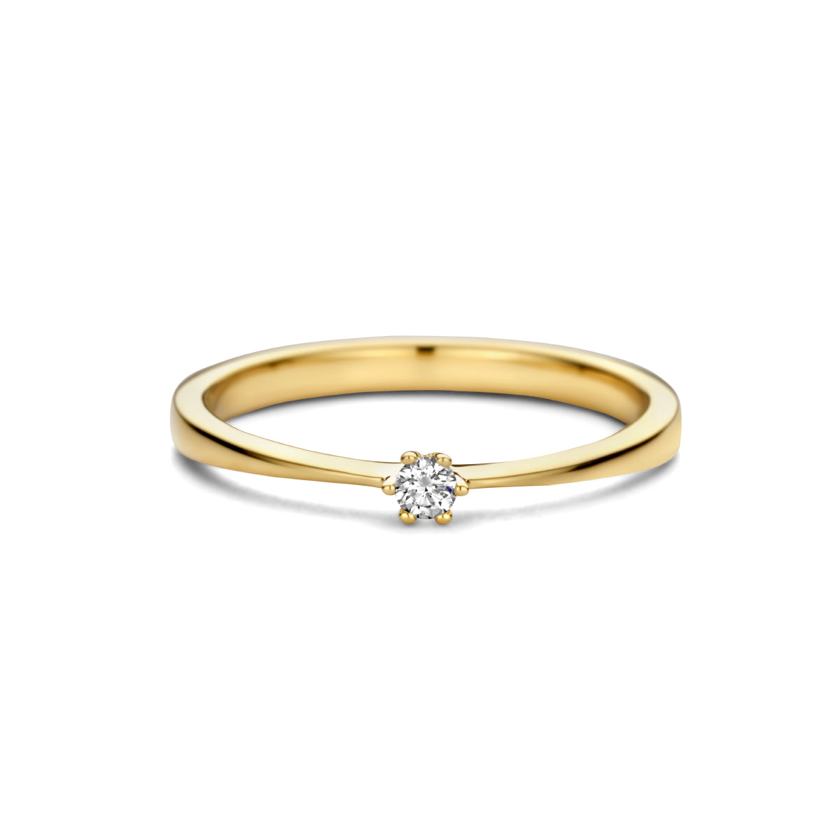 Bovenaanzicht van de gouden solitair ring met diamant van 14 karaat, 0,05 ct.