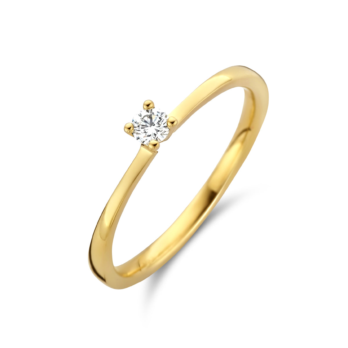 Schuin bovenaanzicht van de gouden solitair ring met diamant van 14 karaat.