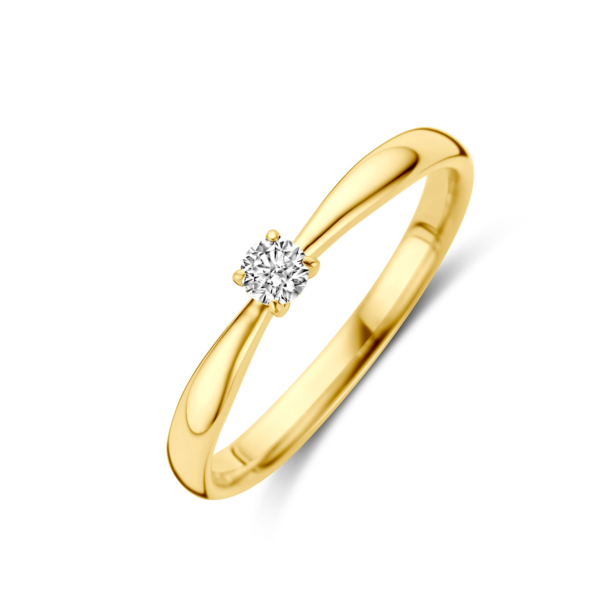 Schuin bovenaanzicht van de gouden solitair ring met diamant van 14 karaat.