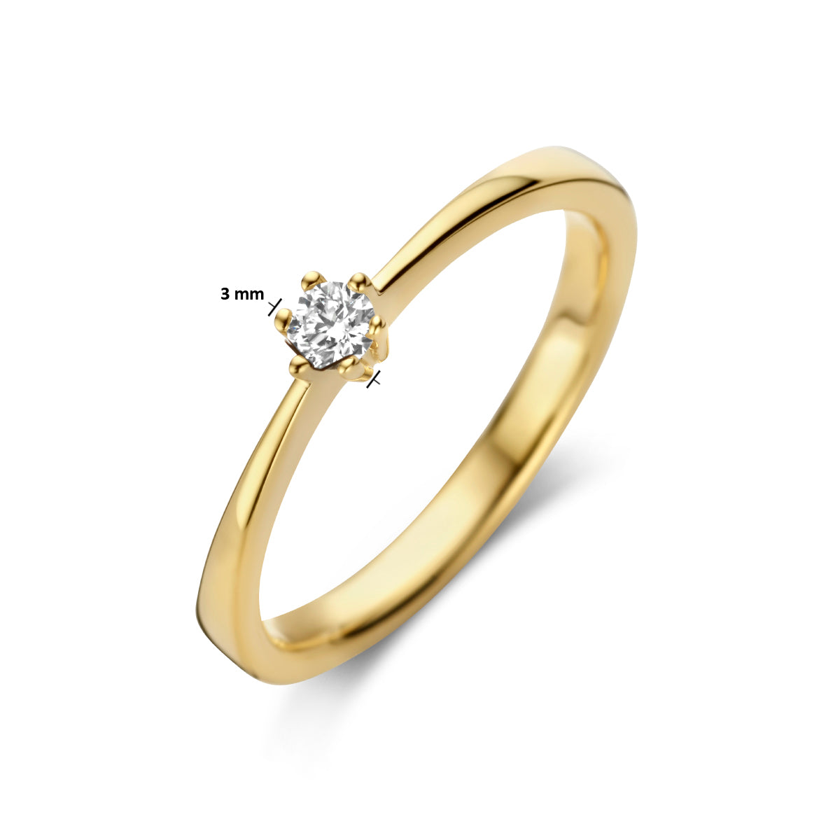 Afmetingen van de gouden solitair ring met diamant van 14 karaat: 3 mm breed, 0,10 ct.