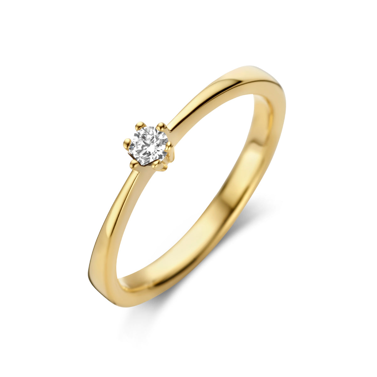 Schuin bovenaanzicht van de gouden solitair ring met diamant van 14 karaat.