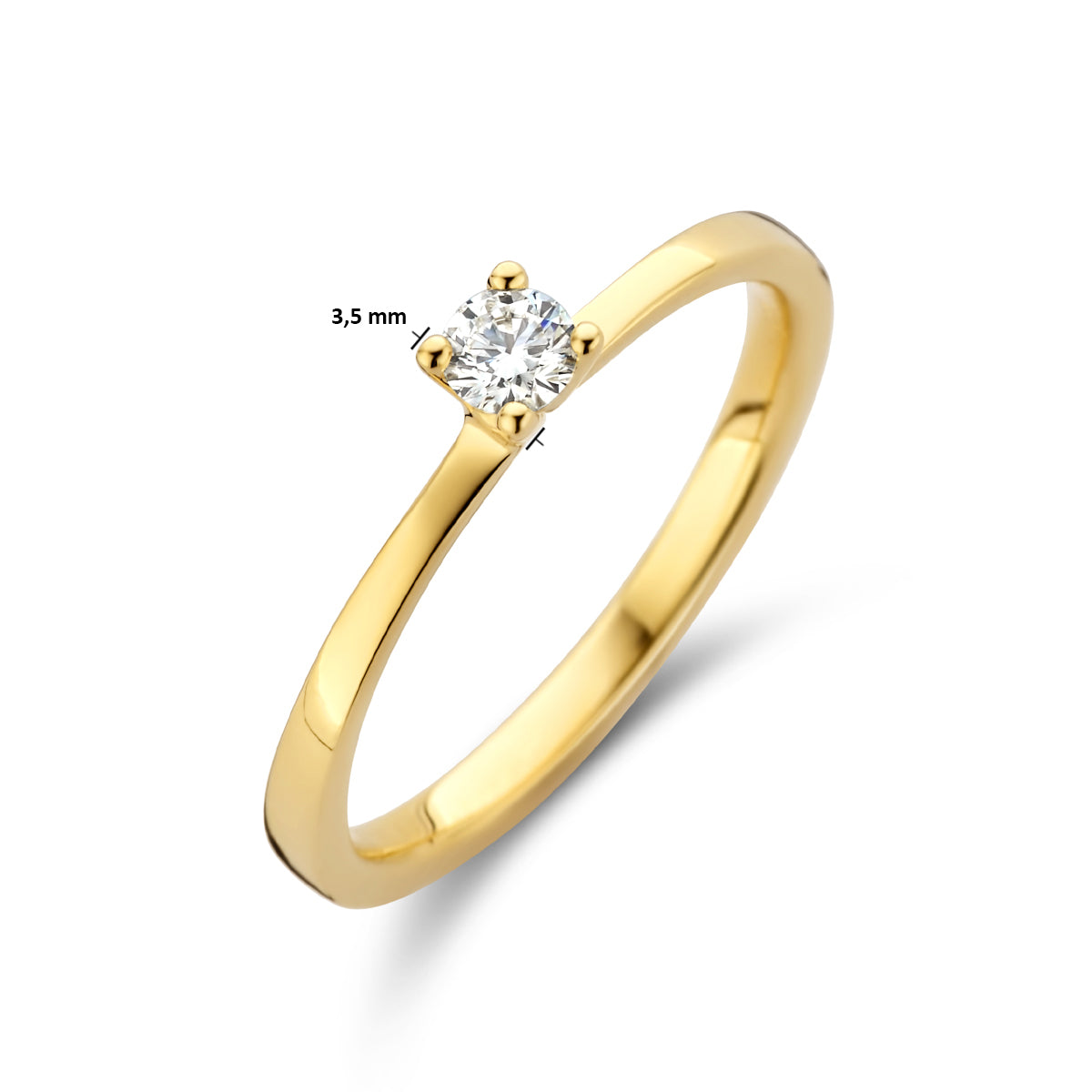 Afmetingen van de gouden solitair ring met diamant van 14 karaat: 3,5 mm breed, 0,15 ct.