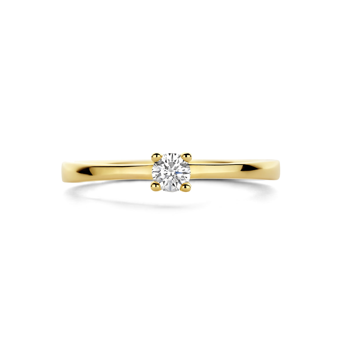 Bovenaanzicht van de gouden solitair ring met diamant van 14 karaat, 0,15 ct.