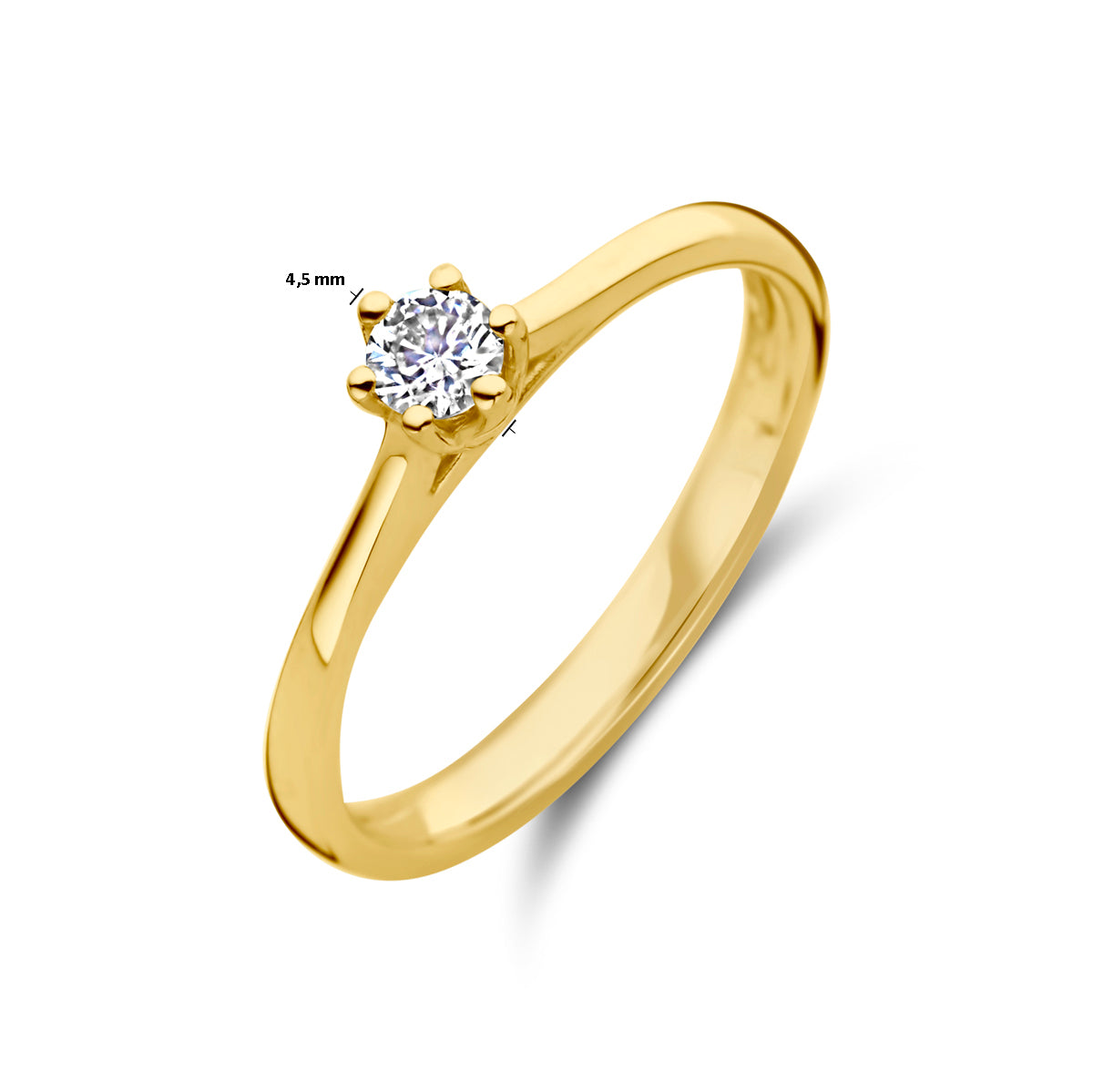 Afmetingen van de gouden solitair ring met diamant van 14 karaat: 4,5 mm breed.