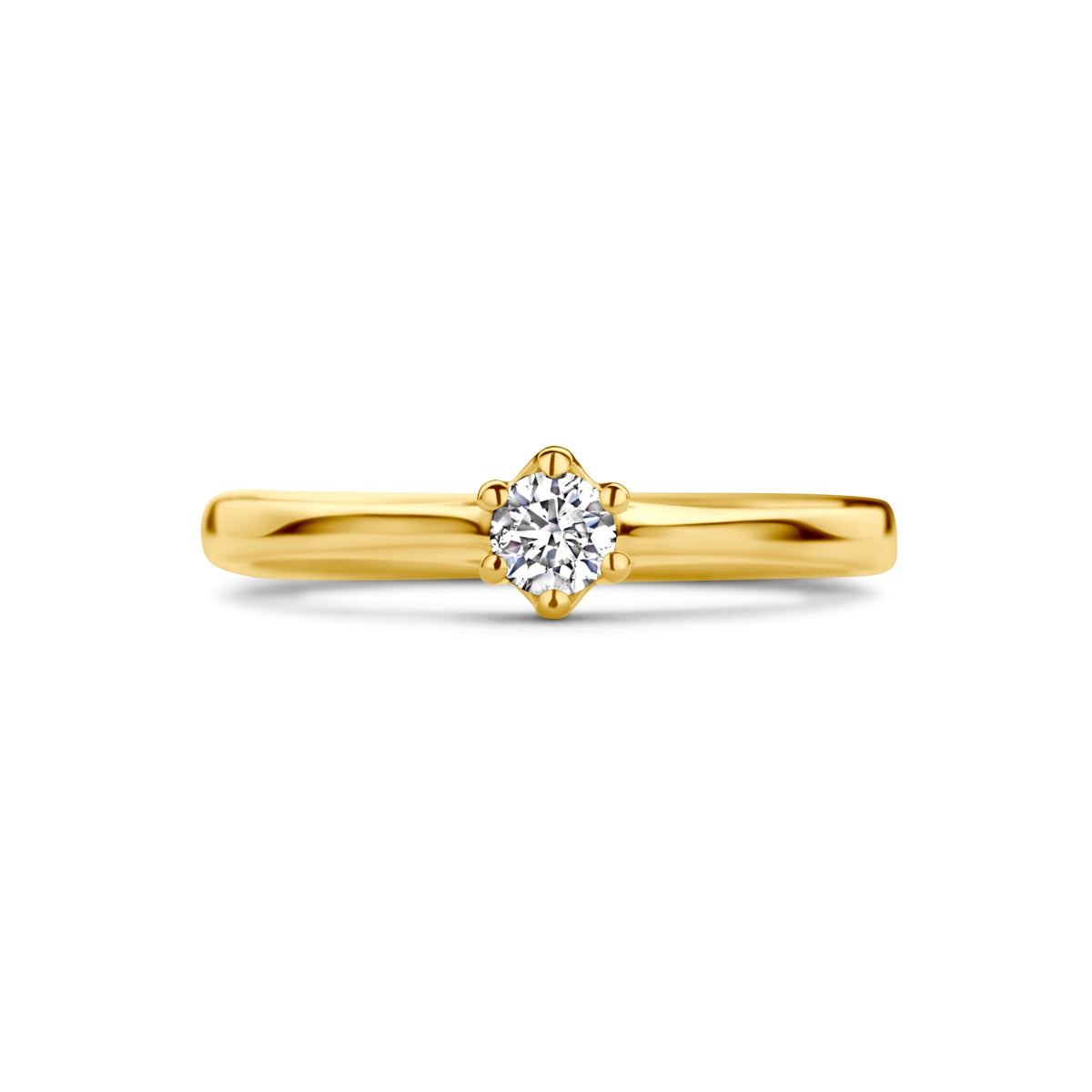 Bovenaanzicht van de gouden solitair ring met diamant van 14 karaat.