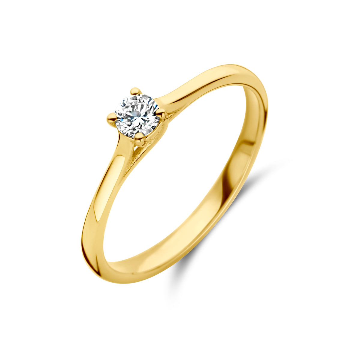 Schuin bovenaanzicht van de gouden solitair ring met diamant van 14 karaat.