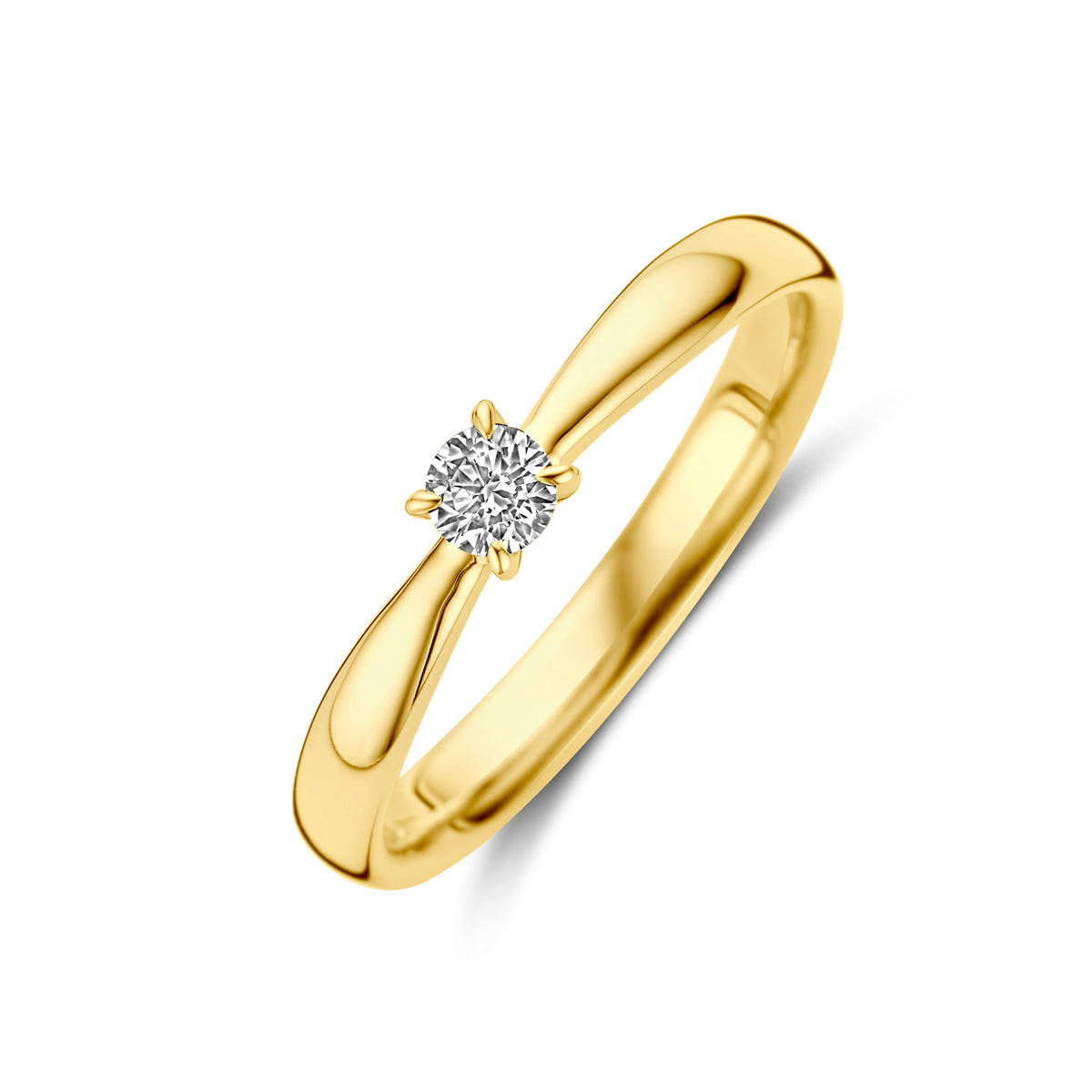 Schuin bovenaanzicht van de gouden solitair ring met diamant van 14 karaat.