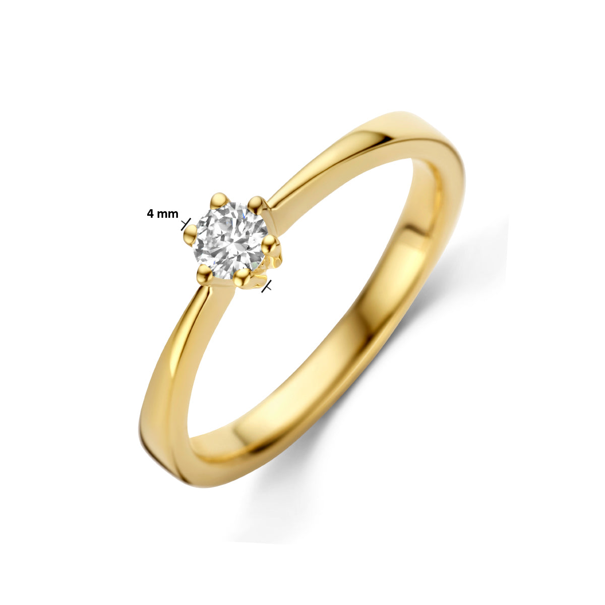 Afmetingen van de gouden solitair ring met diamant van 14 karaat: 4 mm breed, 0,15 ct.