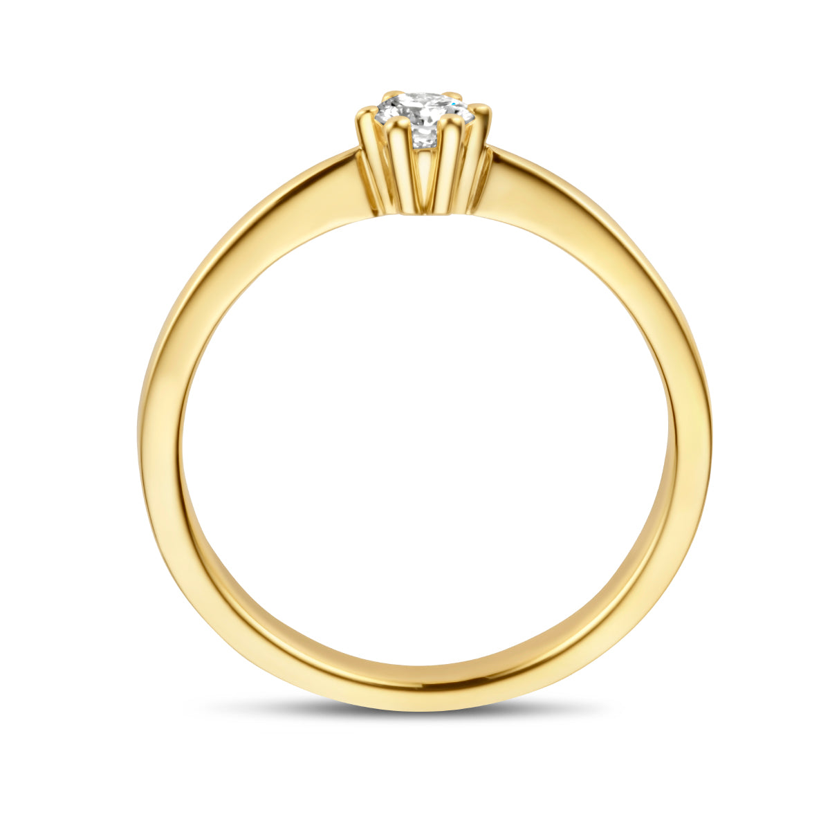 Model draagt de gouden solitair ring met diamant van 14 karaat aan de hand.