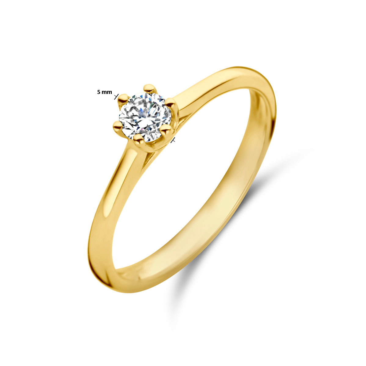 Afmetingen van de gouden solitair ring met diamant van 14 karaat: 5 mm breed.
