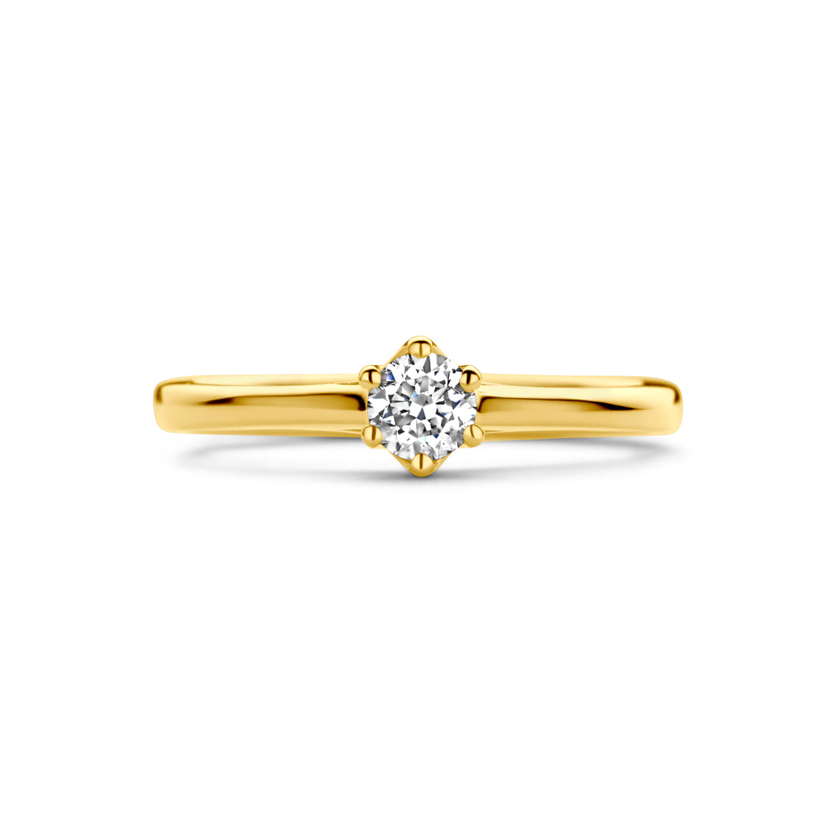 Bovenaanzicht van de gouden solitair ring met diamant van 14 karaat.