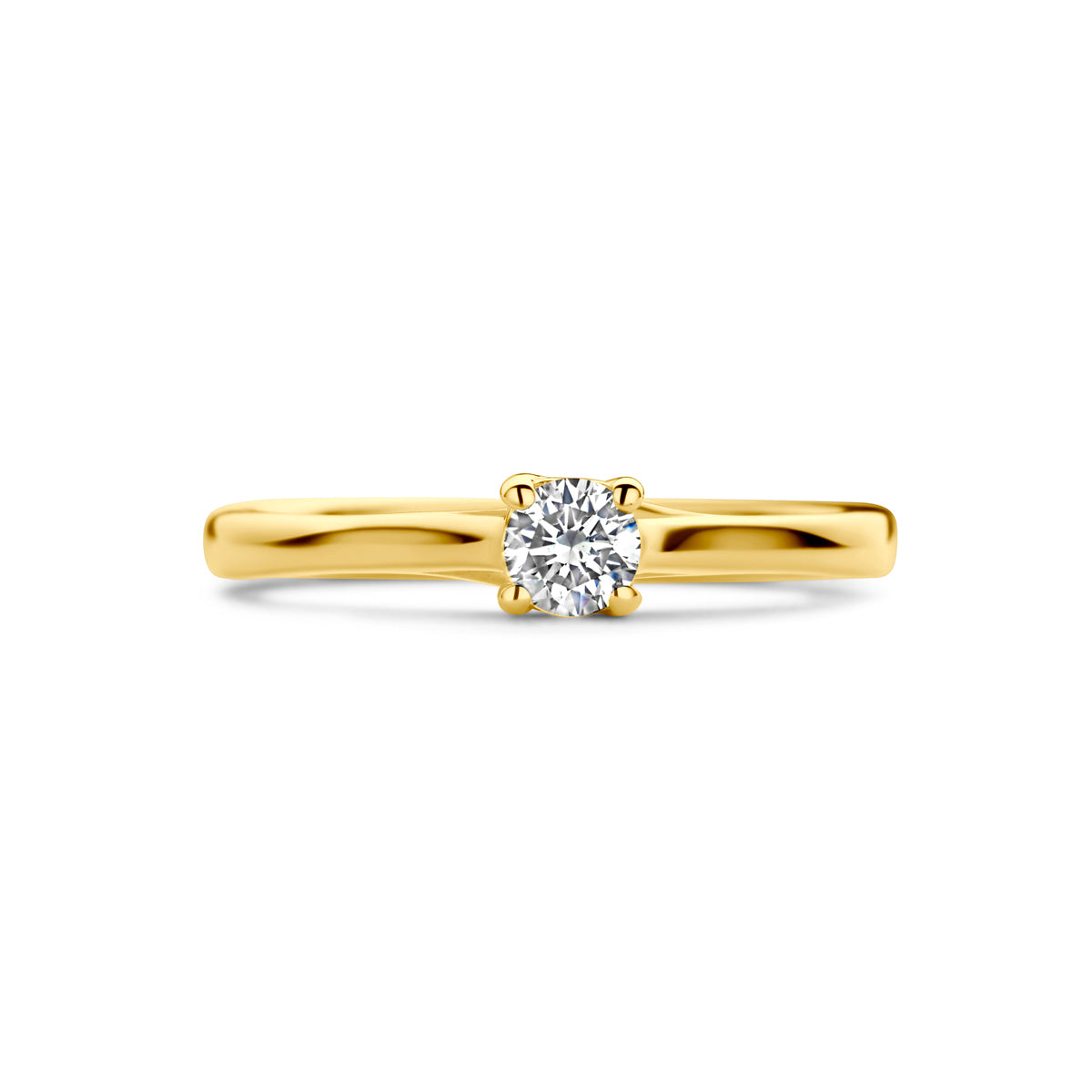 Bovenaanzicht van de gouden solitair ring met diamant van 14 karaat, 0,20 ct.