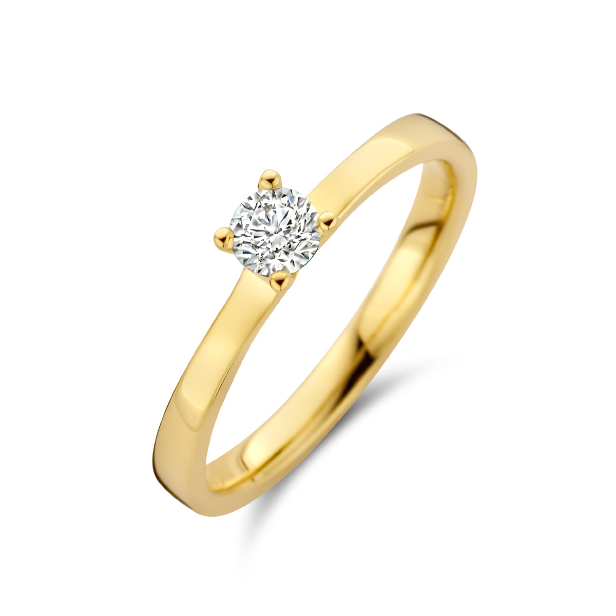 Schuin bovenaanzicht van de gouden solitair ring met diamant van 14 karaat.
