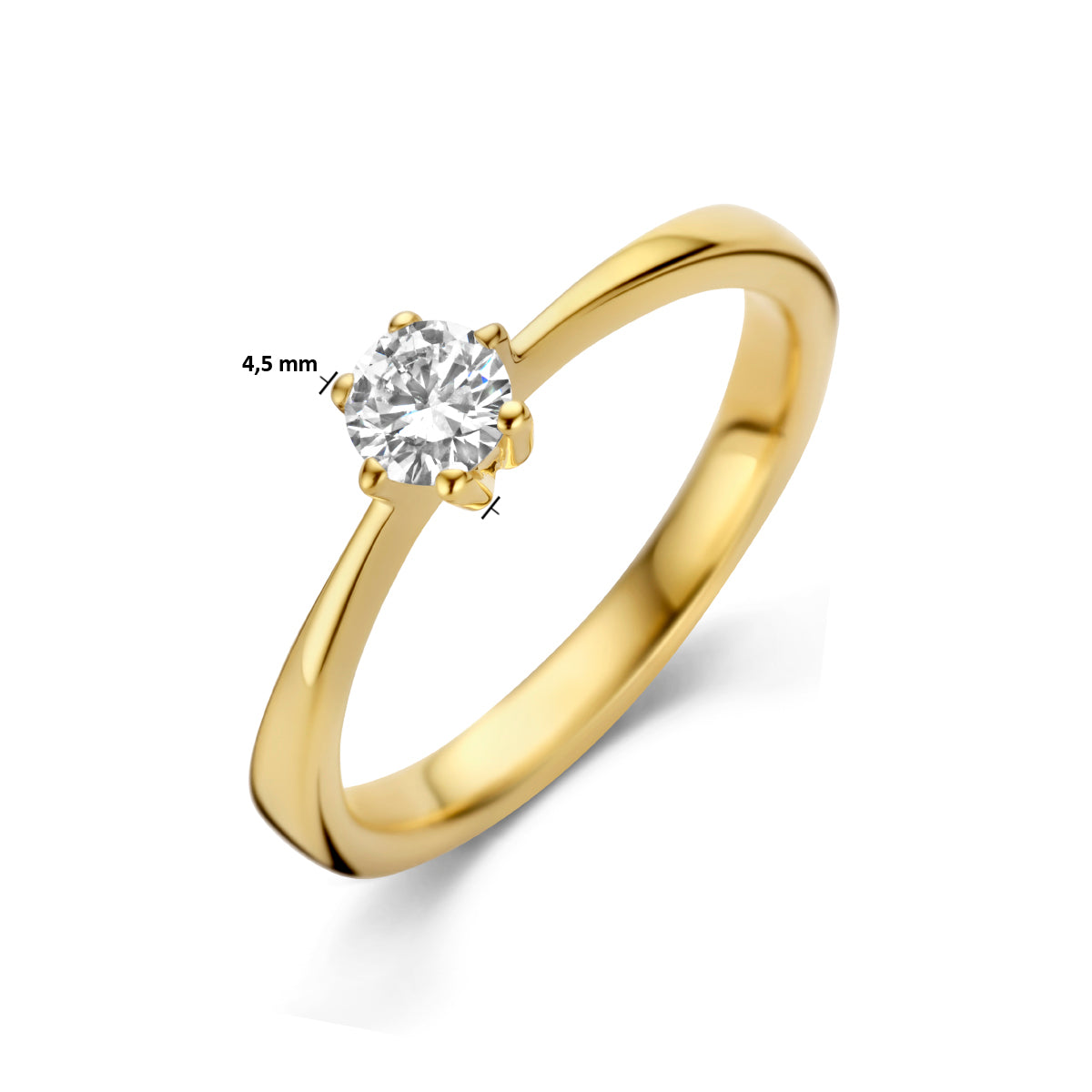 Afmetingen van de gouden solitair ring met diamant van 14 karaat: 4,5 mm breed, 0,25 ct.