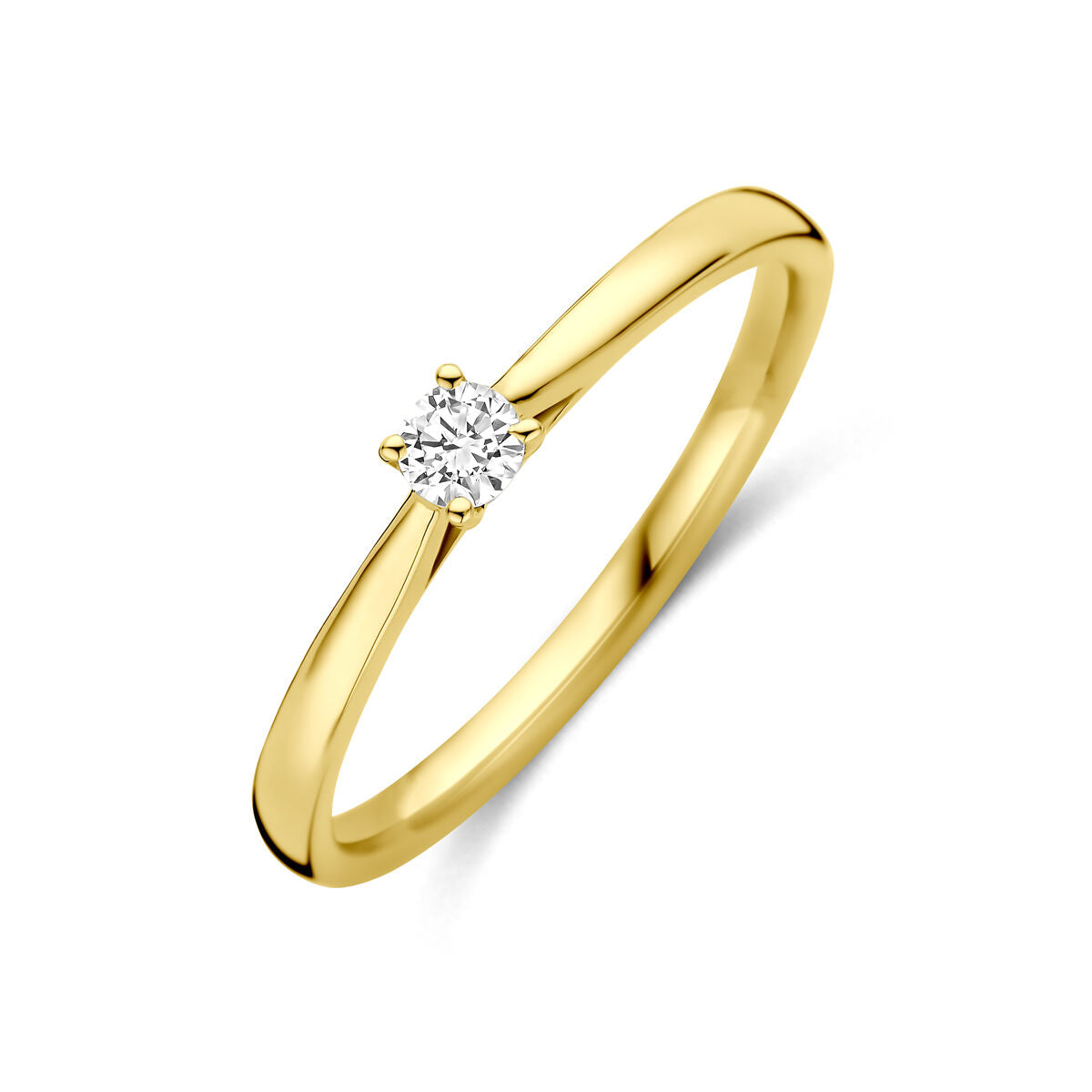 Schuin bovenaanzicht van de gouden solitair ring met lab grown diamant van 14 karaat.