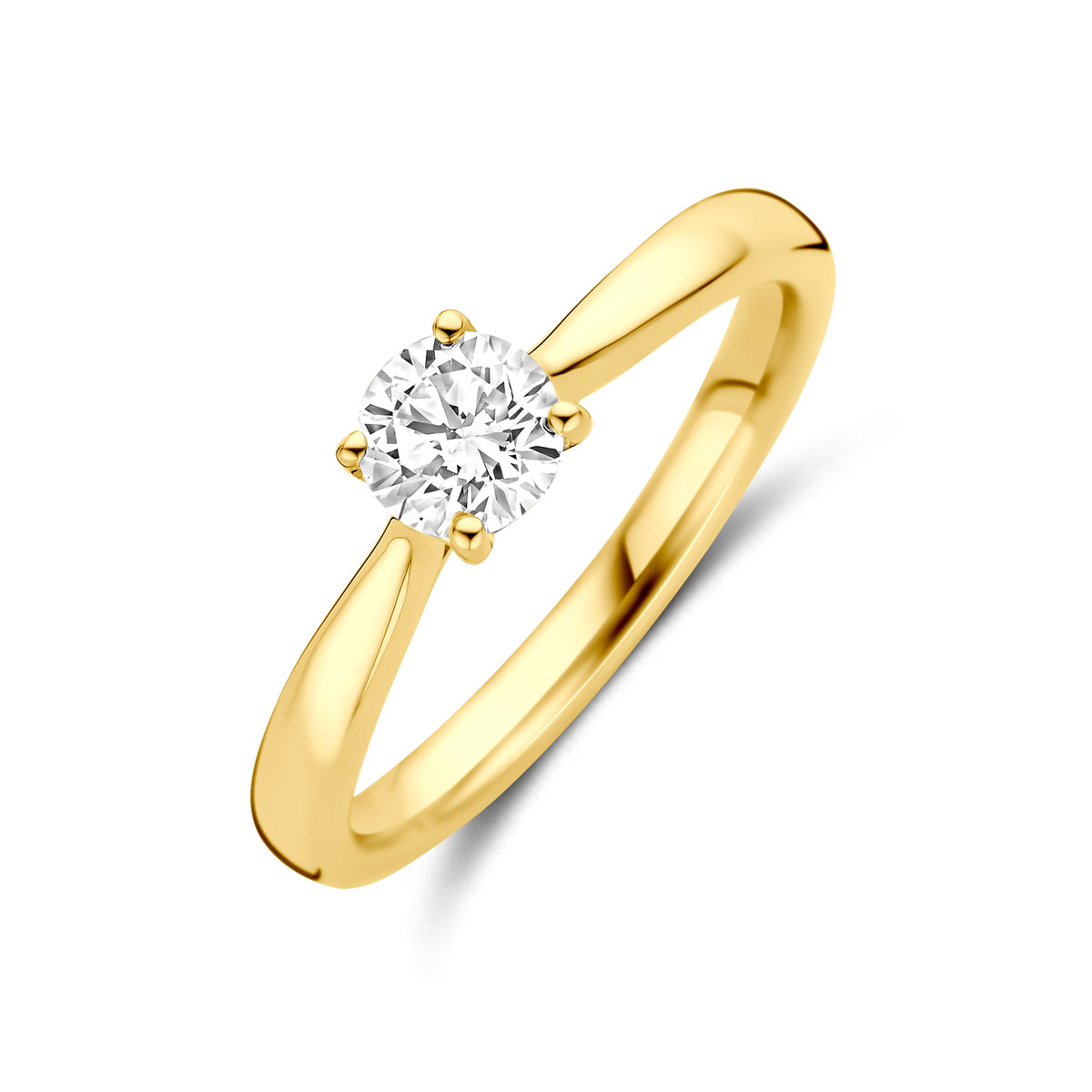 Schuin bovenaanzicht van de gouden solitair ring met lab grown diamant van 14 karaat.