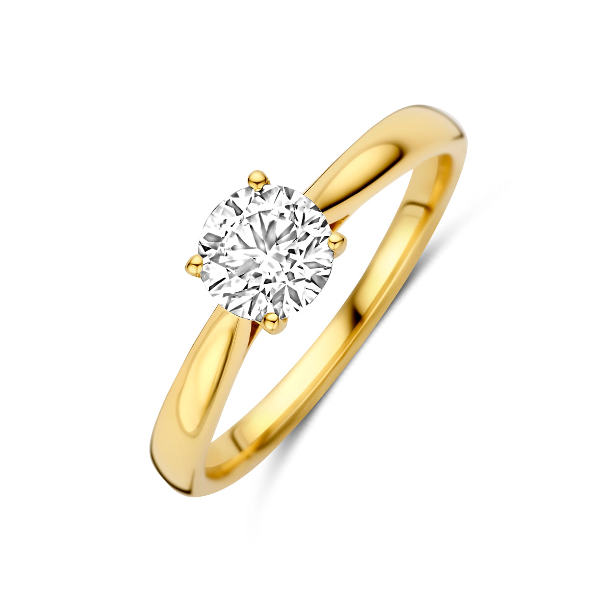 Schuin bovenaanzicht van de gouden ring met lab grown diamant van 14 karaat.