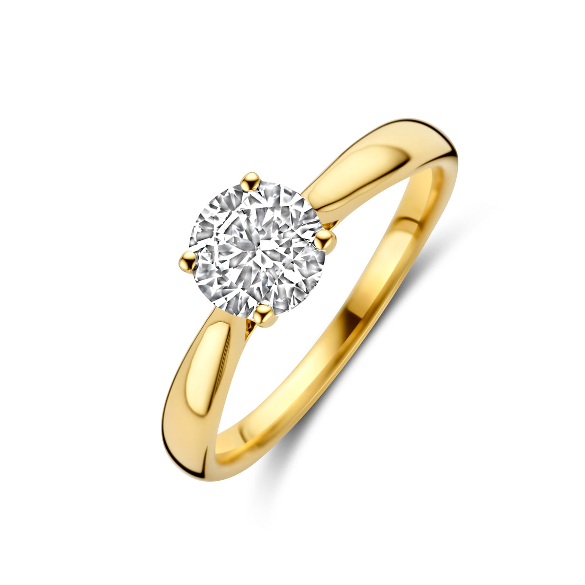Schuin bovenaanzicht van de gouden solitair ring met lab grown diamant van 14 karaat.