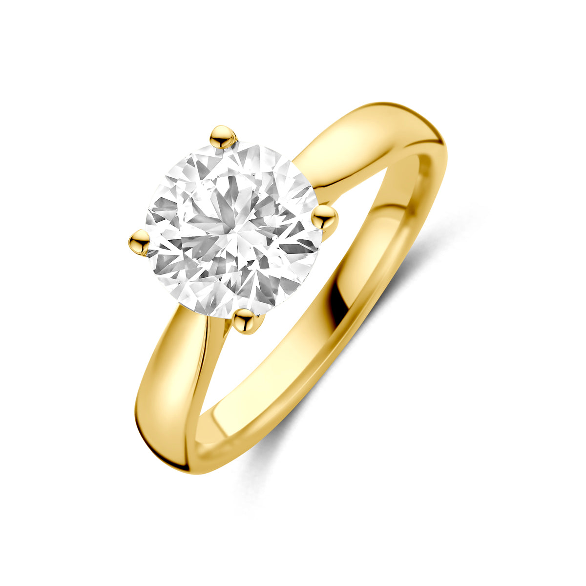 Schuin bovenaanzicht van de gouden ring met lab grown diamant van 14 karaat.