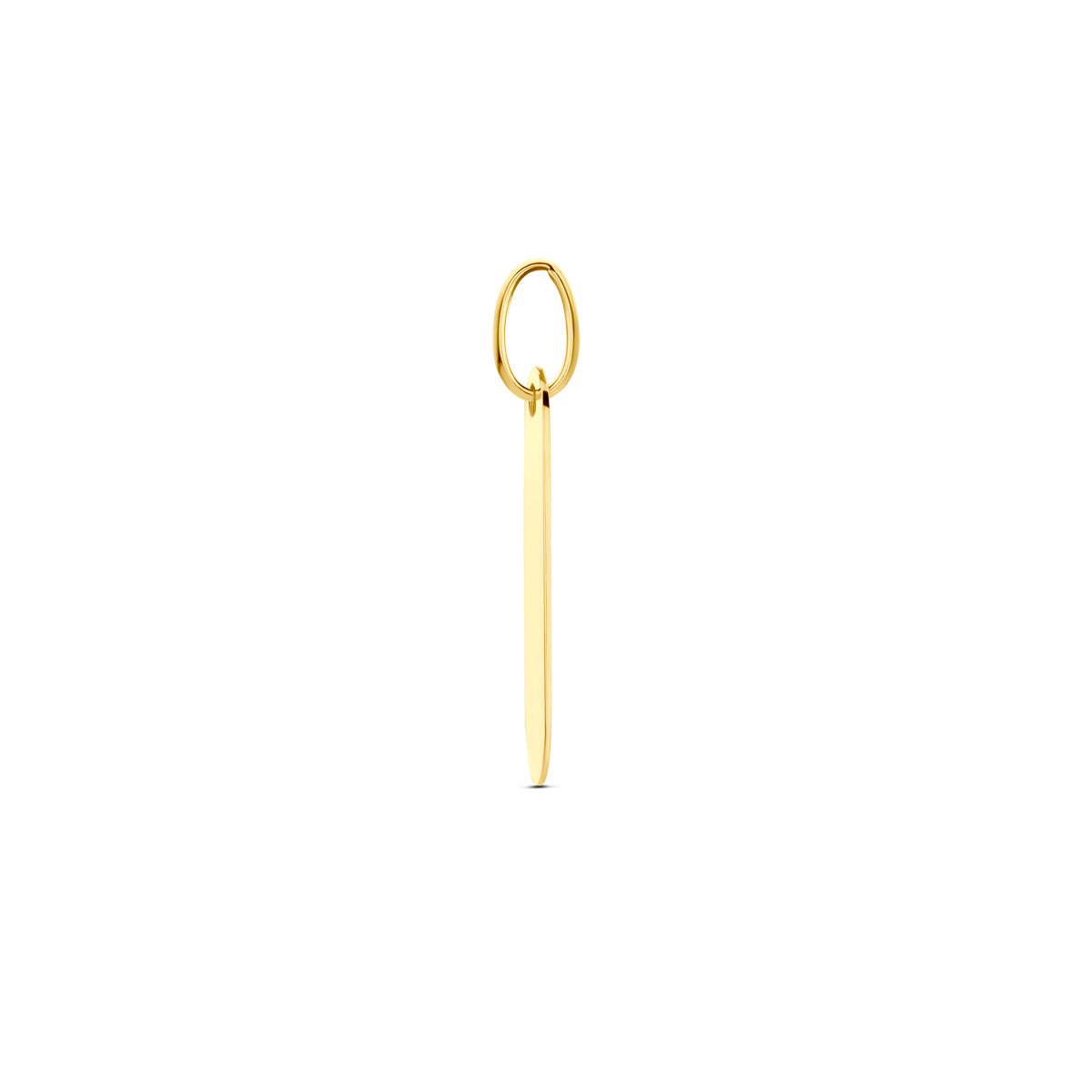 Zijaanzicht van de gouden staafhanger van 14 karaat.