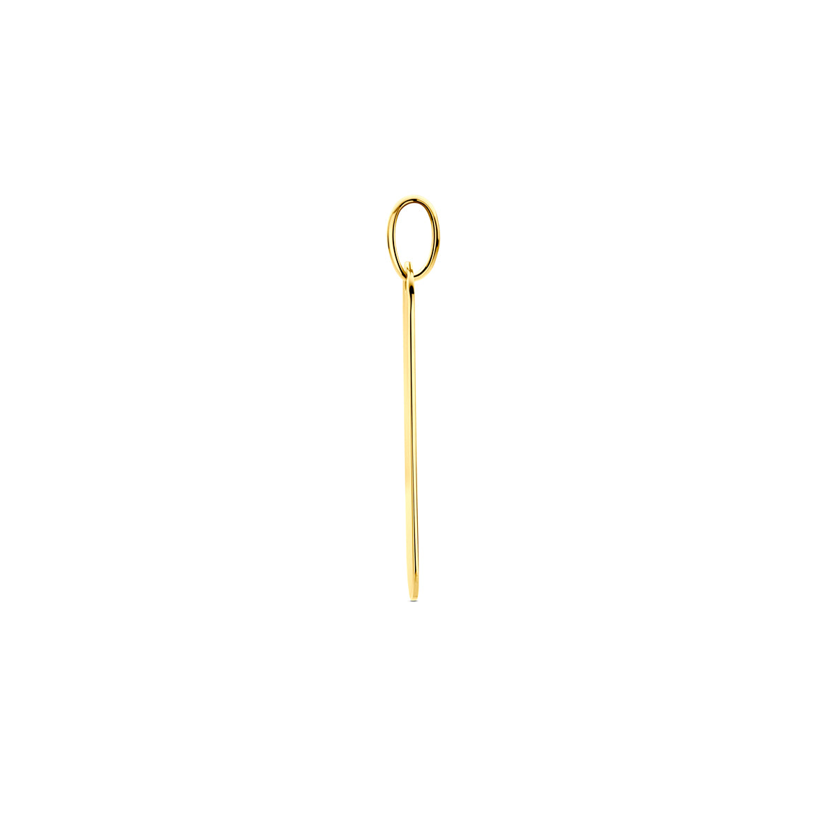 Zijaanzicht van de gouden staafje graveerhanger van 14 karaat.