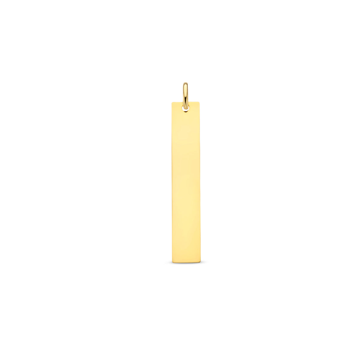 Vooraanzicht van de gouden staafje graveerhanger van 14 karaat.