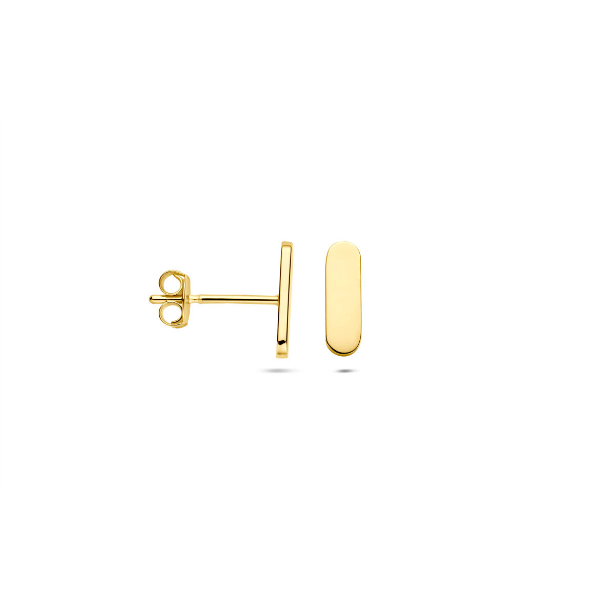 Voor- en zijaanzicht van de gouden staafjes oorknopjes van 14 karaat.